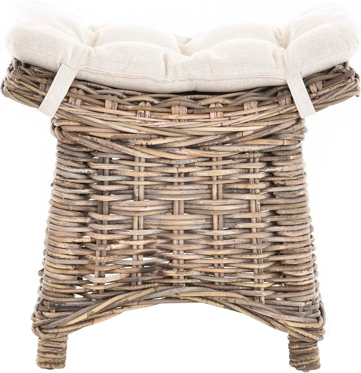Fusshocker mit geschwungener Ablage, Stabiler Sitzhocker/Schemel/Hocker aus echtem Rattan mit Kissen