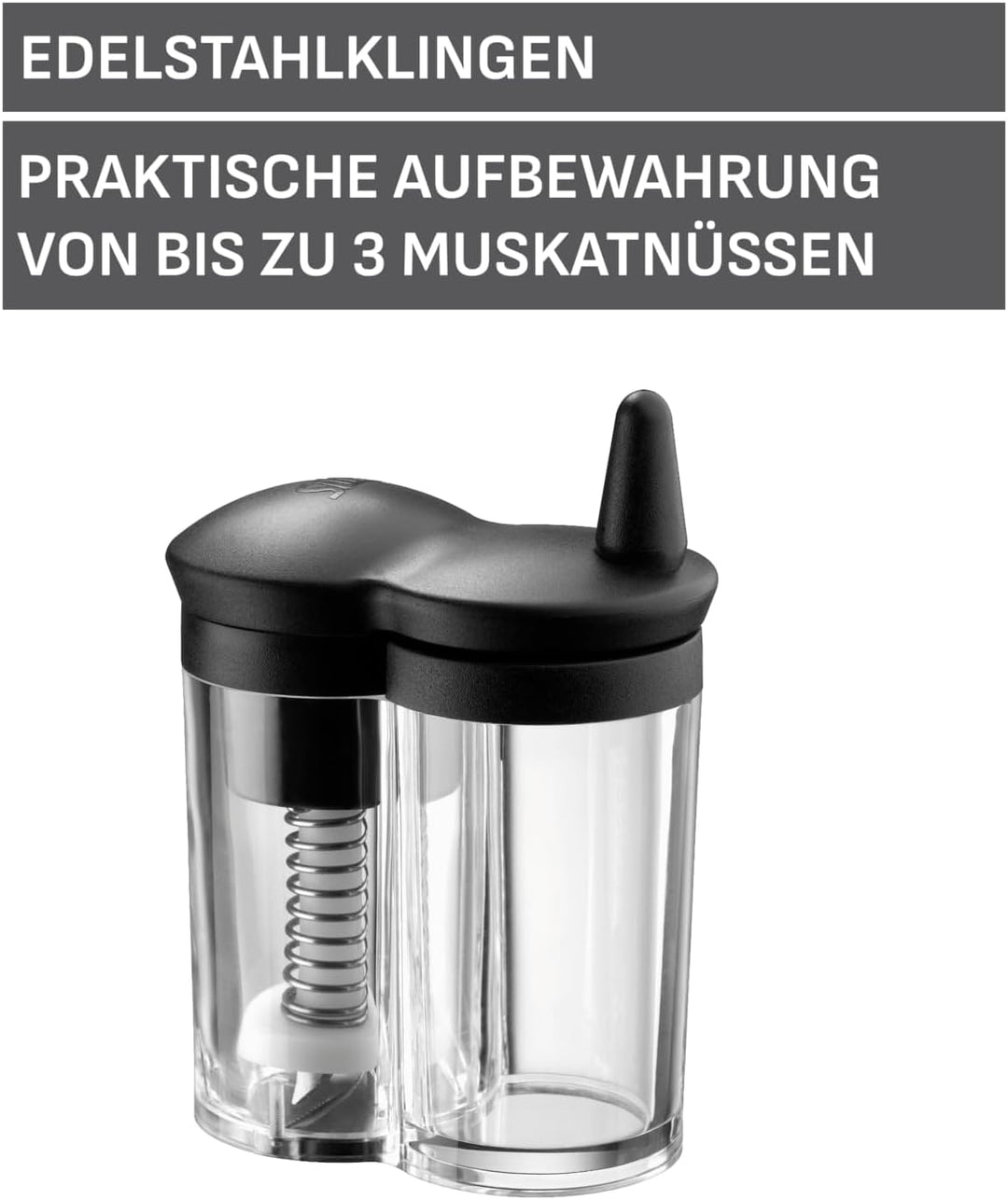 Silit Mulino Muskatmühle mit Reservebehälter, Reibe mit Behälter, Muskatnuss Mühle, Glas, Kunststoff