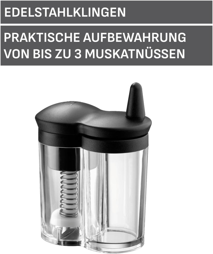 Silit Mulino Muskatmühle mit Reservebehälter, Reibe mit Behälter, Muskatnuss Mühle, Glas, Kunststoff