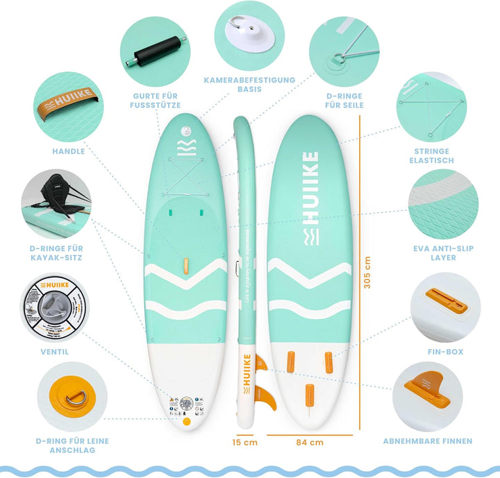 HUIIKE Stand Up Paddling Board mit Zubehör, Paddel, Finnen, Leash, Pumpe, Rucksack. SUP-Board Aufbla