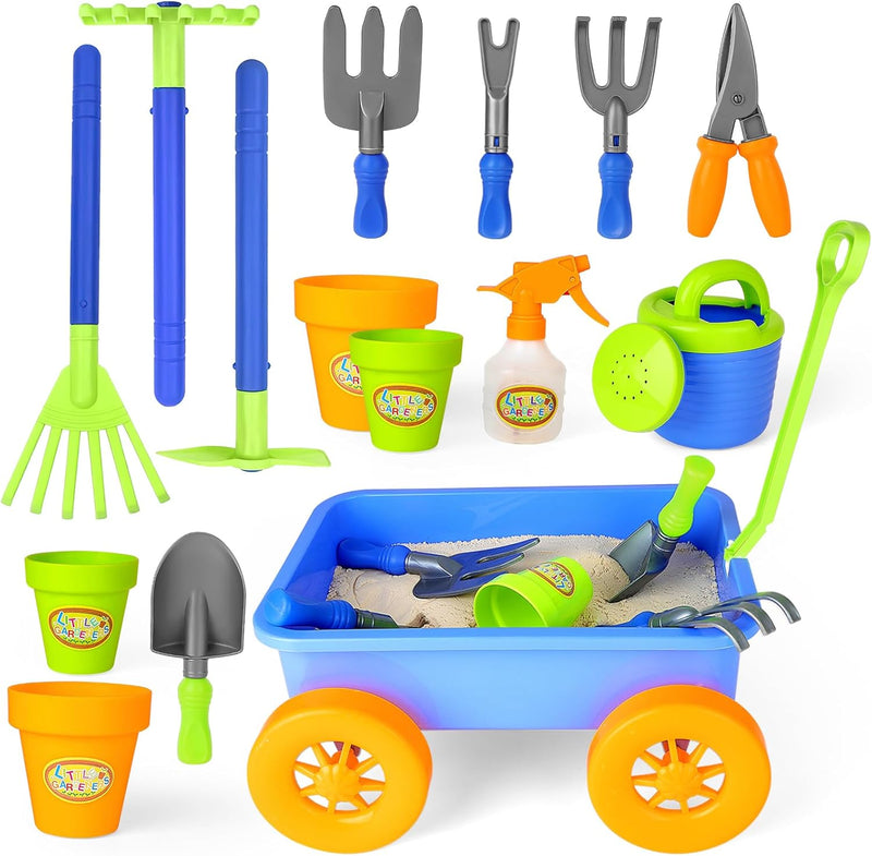 deAO Gartenset mit Schubkarre Kinder, Schaufel, Rechen, Blumentöpfe, Giesskanne Usw, 14Pcs Kinder Ga