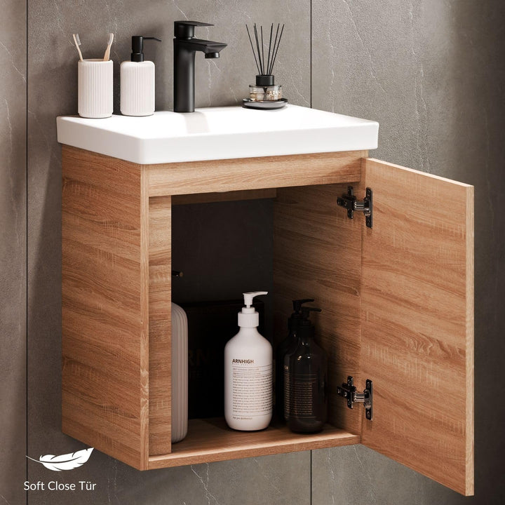 Planetmöbel Waschtisch mit Unterschrank 50 cm inkl. Waschtischarmatur schwarz, Badmöbel Set mit Wasc