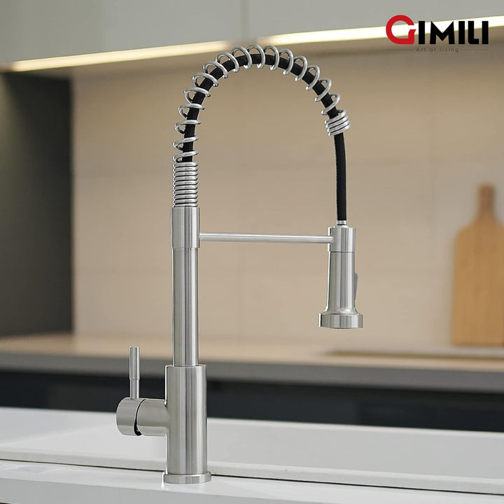 GIMILI Küchenarmatur mit Pull Down Sprayer High Arc Single Handle Spring Kitchen Sink Faucet Brushed