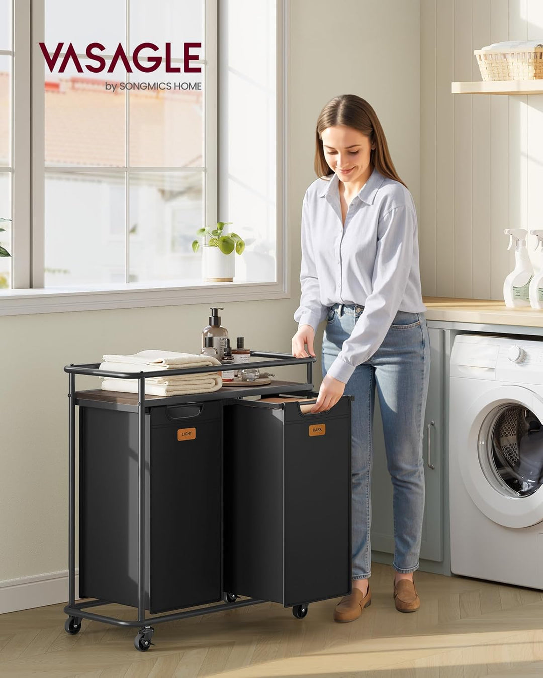 VASAGLE Wäschesammler mit Rollen, Wäschekorb 2 Fächer, 100 L, Wäschesortierer mit Ablage, Wäschewage