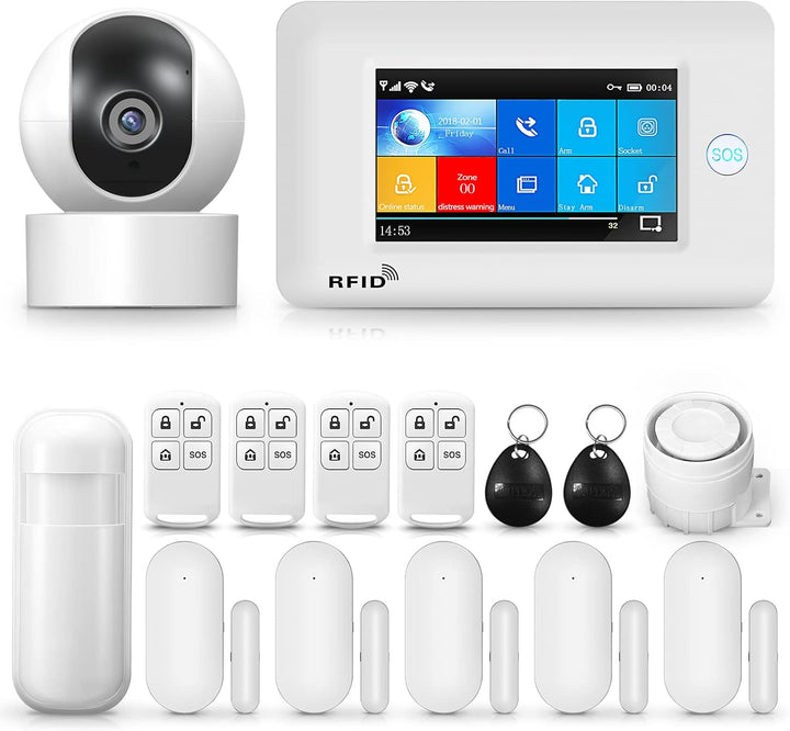 Hausalarmanlage, drahtloses 4G-WLAN-Alarmsystem mit 1080p-Überwachungskamera, 4,3-Zoll-Touchscreen-E