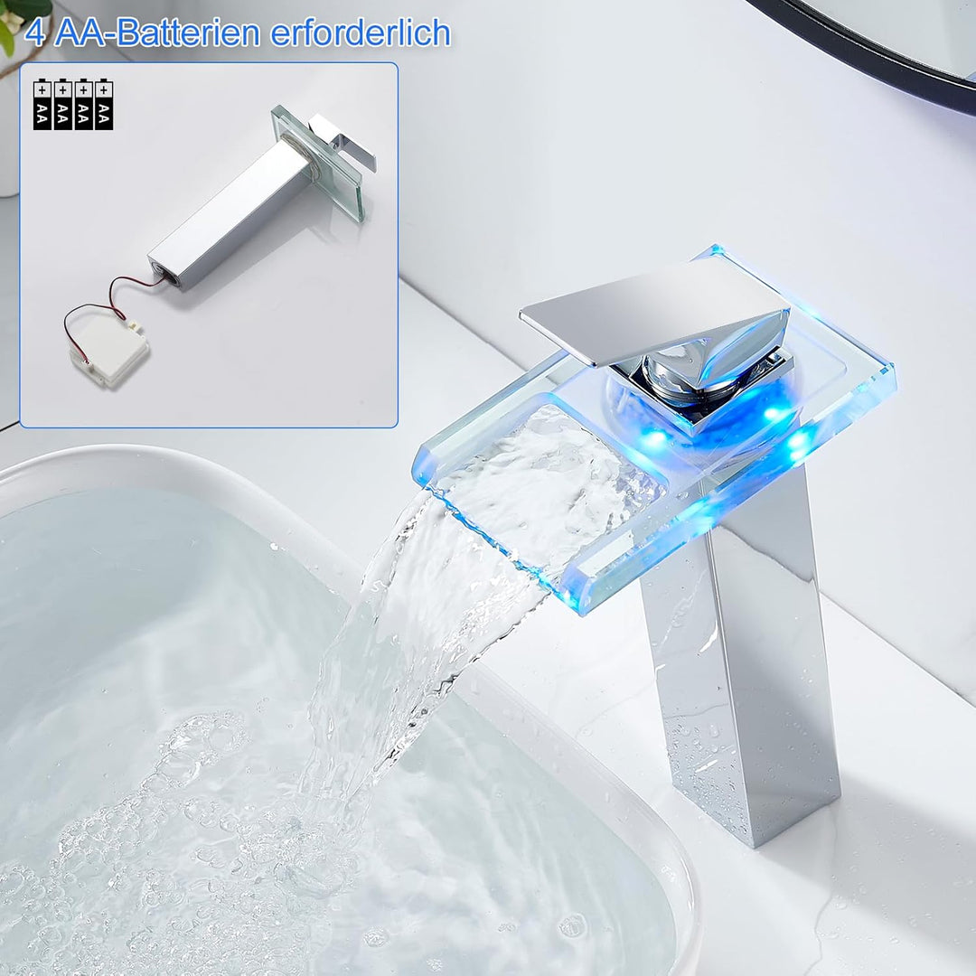 LED Wasserfall Wasserhahn Hoch aus Glas und Messing, 3 Farbewechsel Waschtischarmatur mit Temperatur