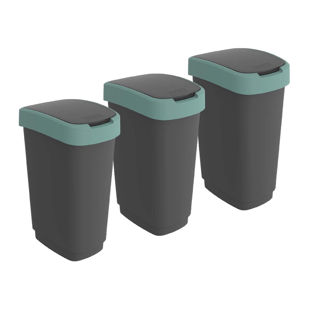 Rotho Twist 3er-Set Mülleimer 50l mit Deckel, Kunststoff (PP) BPA-frei, schwarz/türkis, 3x 50l (40.1