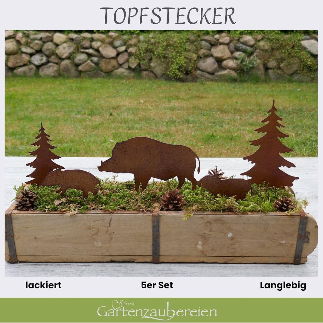 Storm's Gartenzaubereien Gartenstecker Wildschwein Figuren mit Tannen 5er Set in Rostoptik als Weihn