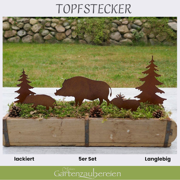 Storm's Gartenzaubereien Gartenstecker Wildschwein Figuren mit Tannen 5er Set in Rostoptik als Weihn