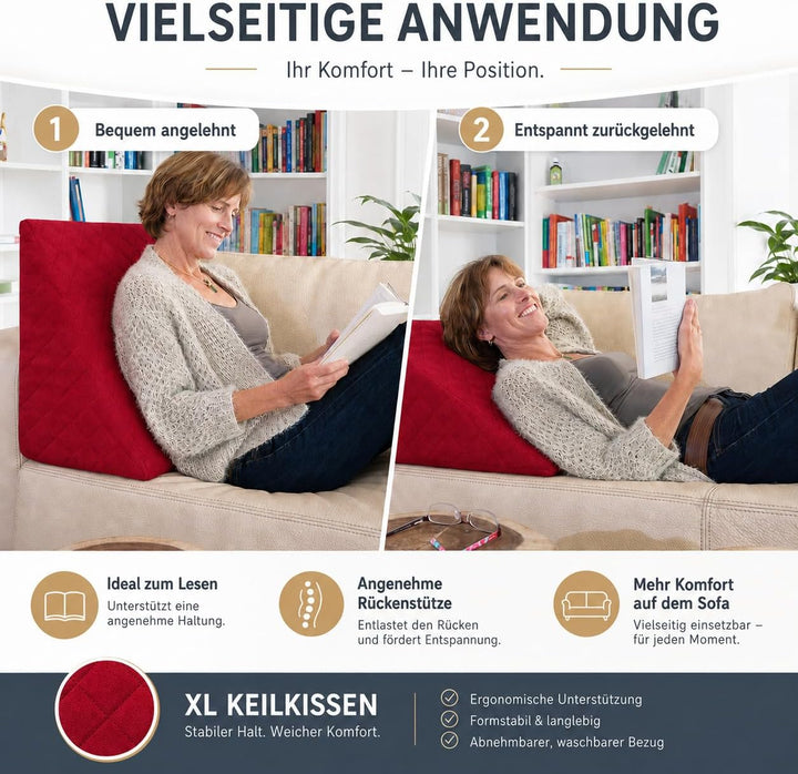 Sabeatex® Rückenkissen, Keilkissen für Couch und Sofa, Lesekissen für bequemes Sitzen. 5 Unifarben f