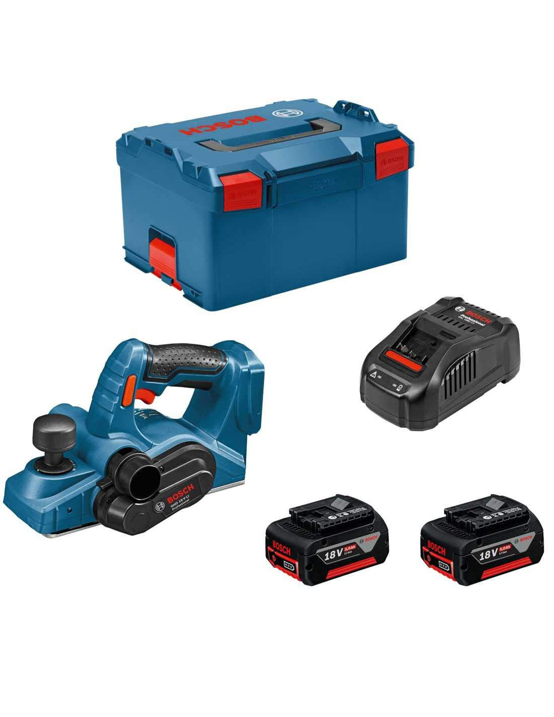 Bosch Professional 06015A0304 GHO 18 V-LI Akku-Hobel, 2 x 5,0 Ah Akku, Schnellladegerät, L-Boxx, 18