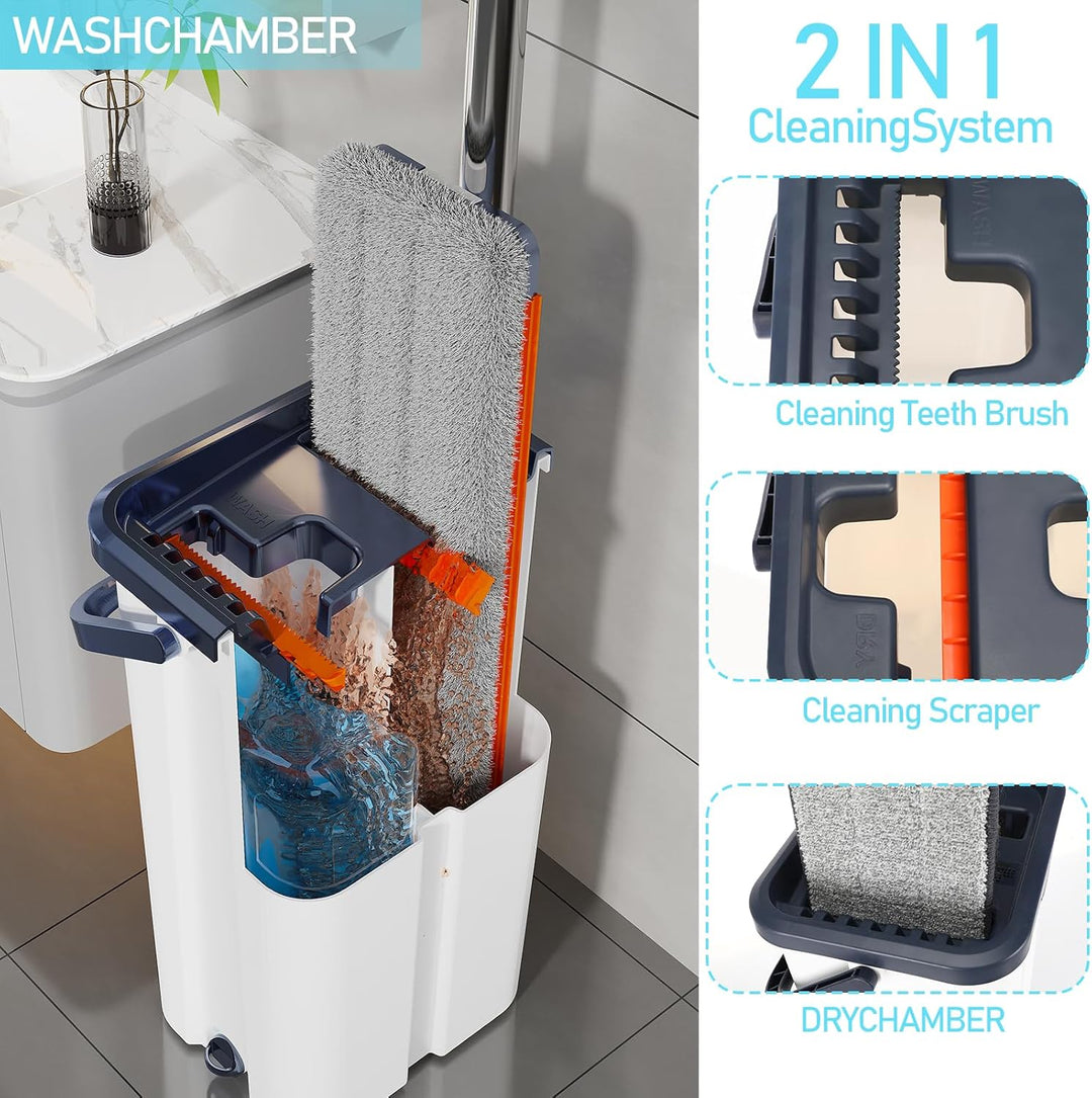 Wischmopp Set mit Eimer, Set mit 6 Mikrofaser Pads und Ausgestattet mit 164cm verlängertem und verdi