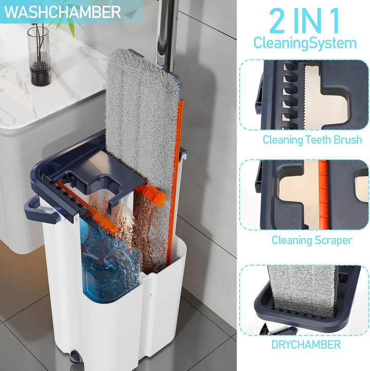 Wischmopp Set mit Eimer, Set mit 6 Mikrofaser Pads und Ausgestattet mit 164cm verlängertem und verdi