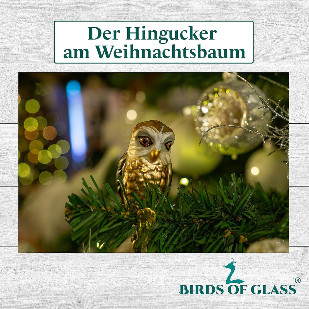 Birds of Glass® Glas-Vogel, Waldkauz mit Naturfeder, Glasschmuck Made in Germany aus eigener Herstel
