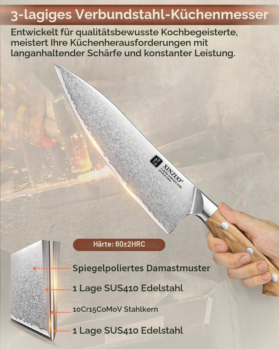 XINZUO 3 Schichten Verbundstahl 21cm Kochmesser Profi scharfe Küchen Chefmesser 10Cr15CoMoV-Stahlker