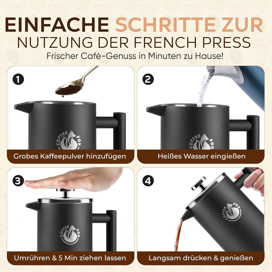 French Press Kaffeekanne aus doppelwandigem Edelstahl Schwarze Pressfilterkanne Französische Kaffeep