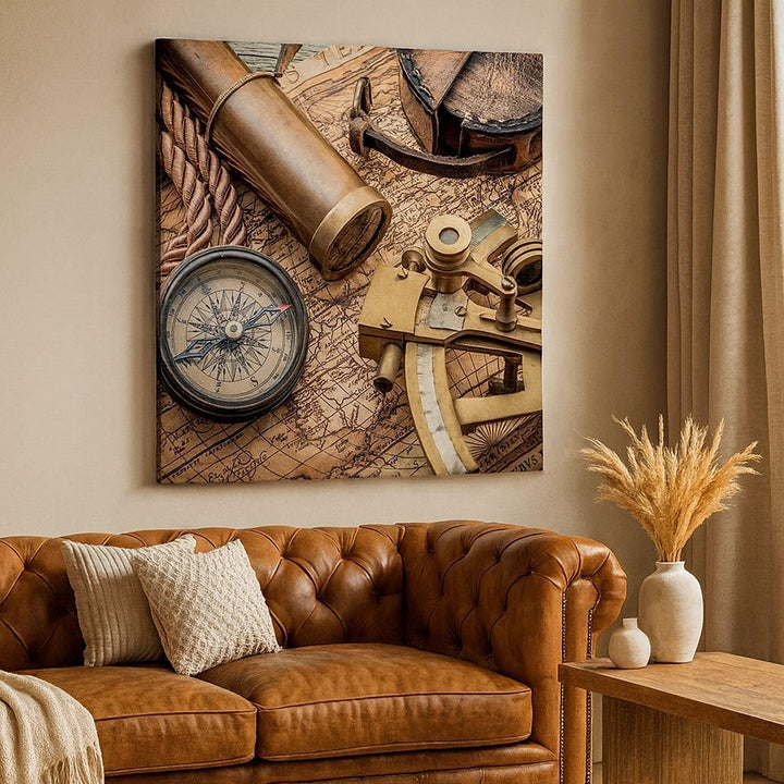 Bilder auf Leinwand 70x70cm Leinwandbild mit Rahmen Kompass Kompass Karte Gross Wanddeko Bild Schlaf