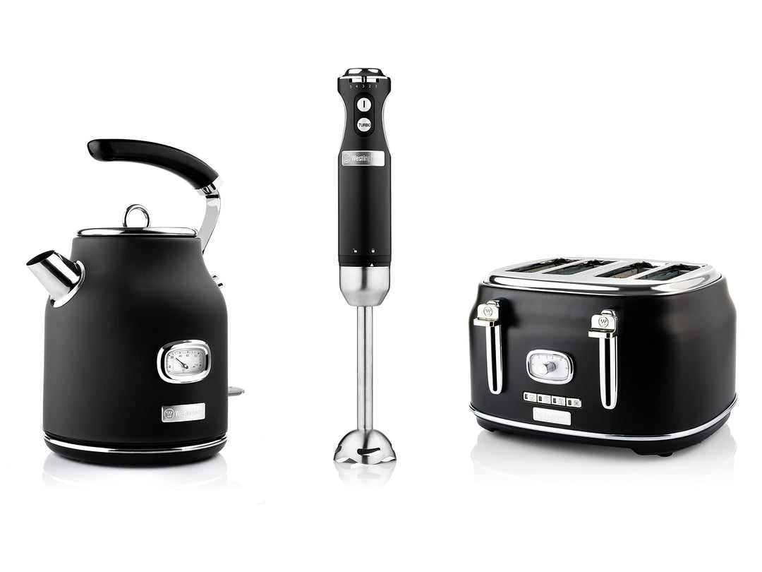 Westinghouse Retroline Frühstück-Set Schwarz, Toaster, Stabmixer & Wasserkocher, 1.7 Liter und Kalkf