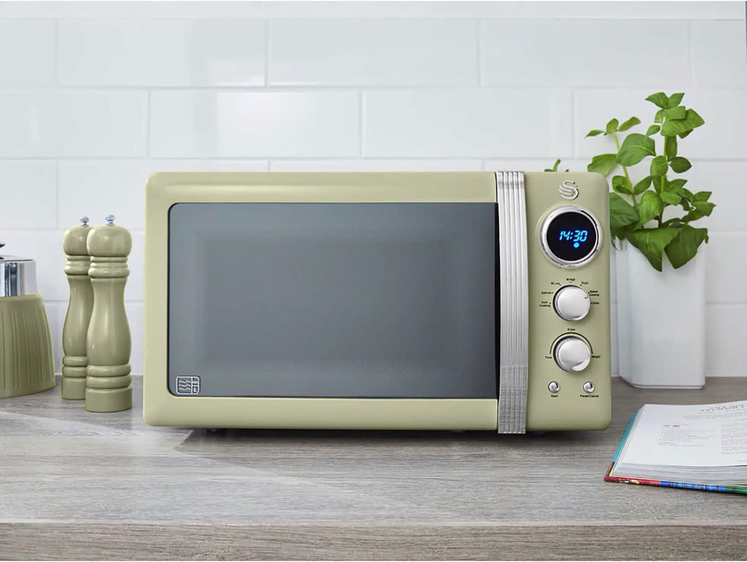 Swan Retro SM22030GNEU Digital Mikrowelle 20L, 5 Leistungsstufen, Auftaufunktion, 60 Minuten Timer,
