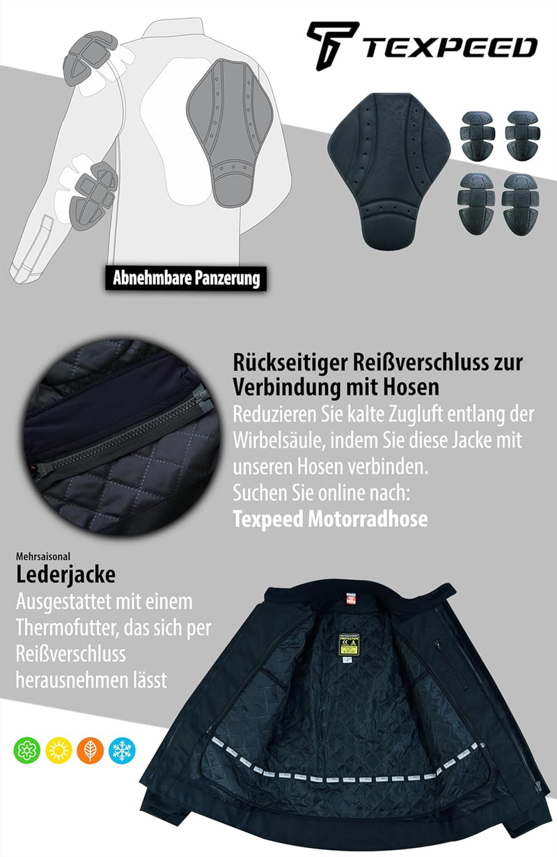 TEXPEED Motorrad lederjacke herren mit protektoren - Schwarz Bikerjacke - Motorrad mit original bike