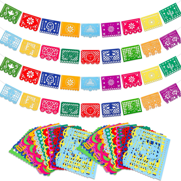 Qpout 4 Stück Mexikanisches Fiesta Party Filzbanner,Tag der Toten, Dia de Los Muertos, Papel Picado,