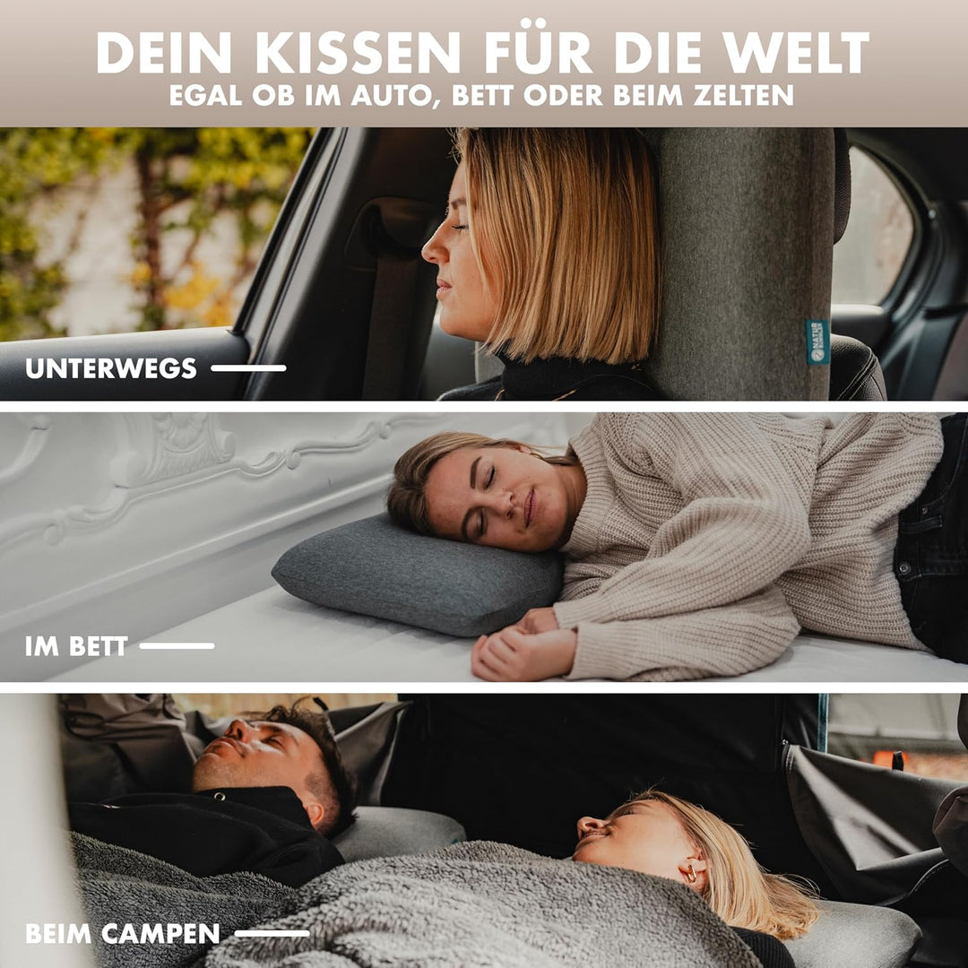 NATURBUMMLER Reisekissen Memory Foam [SafeSleep+] Kleines Campingkissen (50x30x10cm) – waschbar &amp; ko