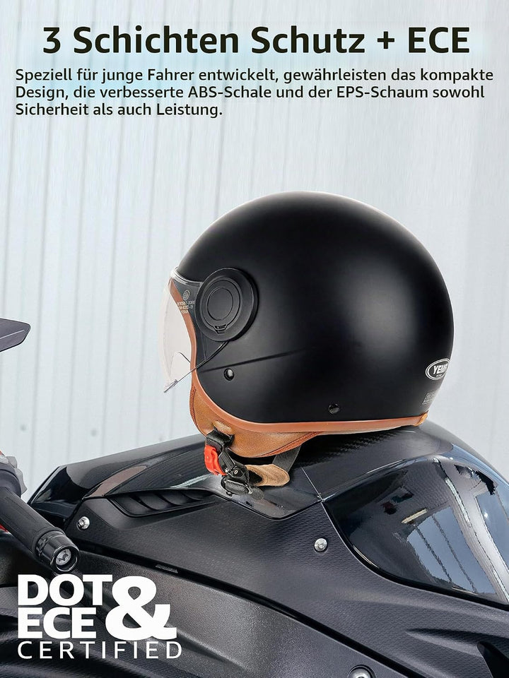 YEMA HELMET Jethelm DW-631 Moped Scooter ECE 3/4 Halbhelm für Herren Damen Schwarz Matt M, Schwarz M