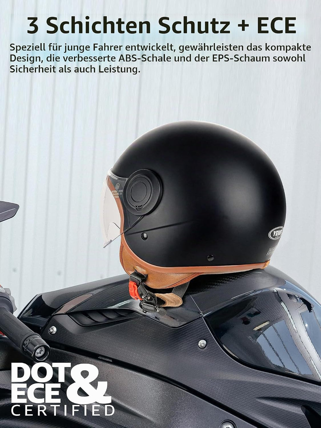 YEMA HELMET Jethelm DW-631 Moped Scooter ECE 3/4 Halbhelm für Herren Damen Schwarz Matt L, Schwarz M
