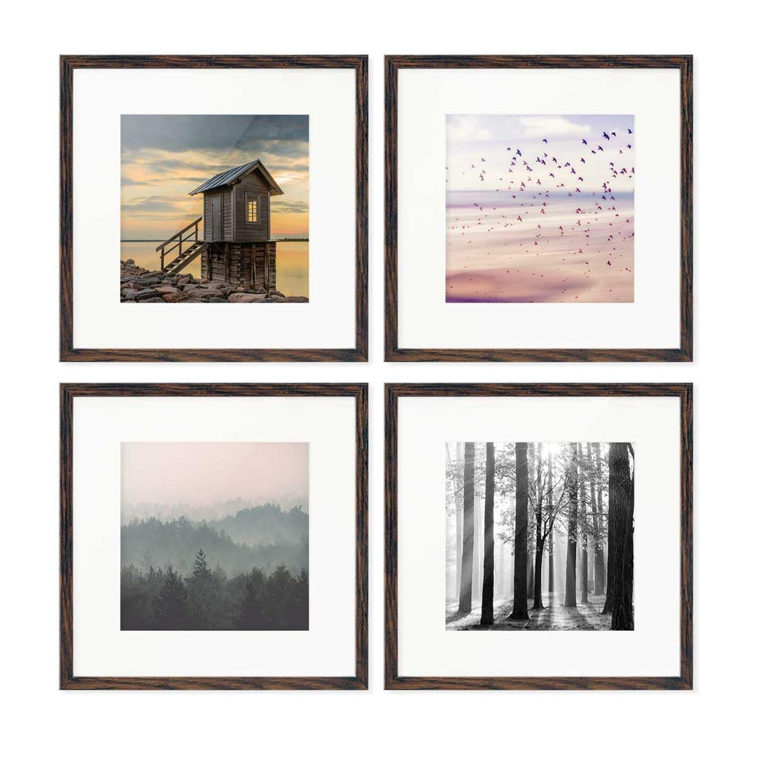 PHOTOLINI Bilderrahmen 30x30 cm MDF-Holz Eiche Dunkel, 4er Set Posterrahmen mit Passepartout, bruchs