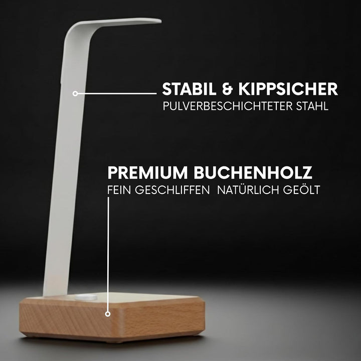 Headset Halterung aus Buchenholz – Kopfhörer Halterung mit schwerem Stahlblech & Lederauflage – Kopf