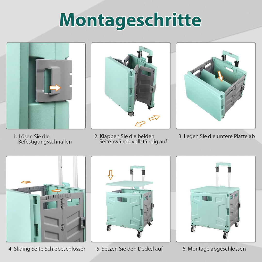 Einkaufstrolley Klappbar, Transport Trolley, bis 50 kg, 50 l Kiste, Einkaufskorb mit Deckel, Auszieh