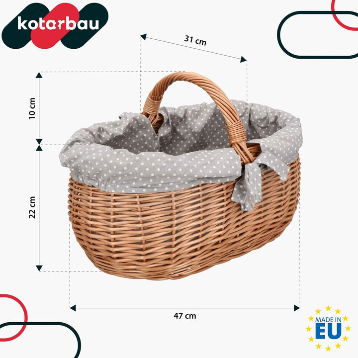 KOTARBAU® Picknickkorb Weidenkorb 47 cm Naturfarbe Einkaufskorb mit Grau Stoffeinsatz Osterkorb Gesc