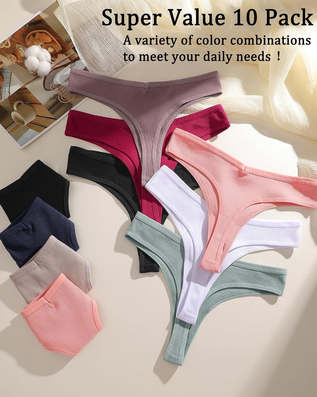 FINETOO 10er Damen Baumwoll Strings Set Tanga Unterhosen Frauen Weich Unterwäsche Niedrige Taille Sl