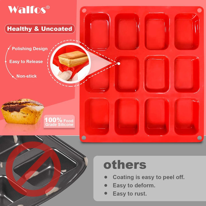 Silikon Mini Kastenform, Walfos 12-fach Mini-Brot-Pfanne Brownie-Pfanne, lebensmittelecht und antiha