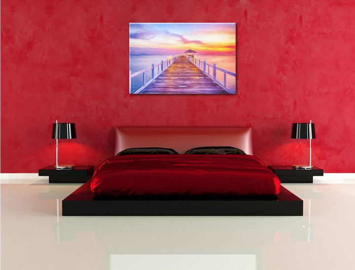 Pixxprint Steg ins Meer bei Sonnenuntergang als Leinwandbild/Grösse: 100x70 cm/Wandbild/Kunstdruck/f