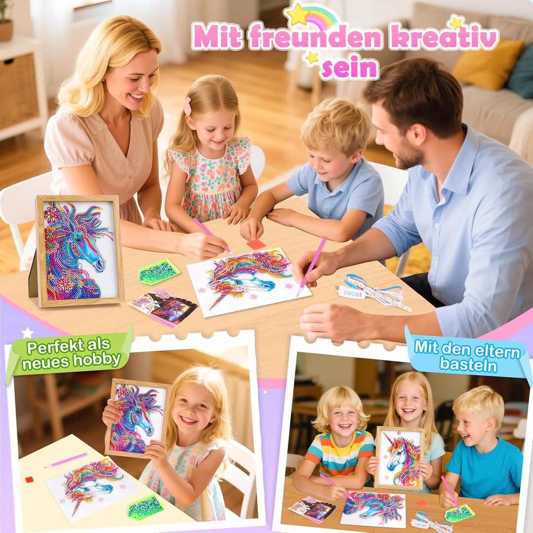 Geschenke Mädchen 5 6 7 8 9 10 11 Jahre Diamond Painting Kinder Einhorn Nachtlicht Bilderrahmen, Bas