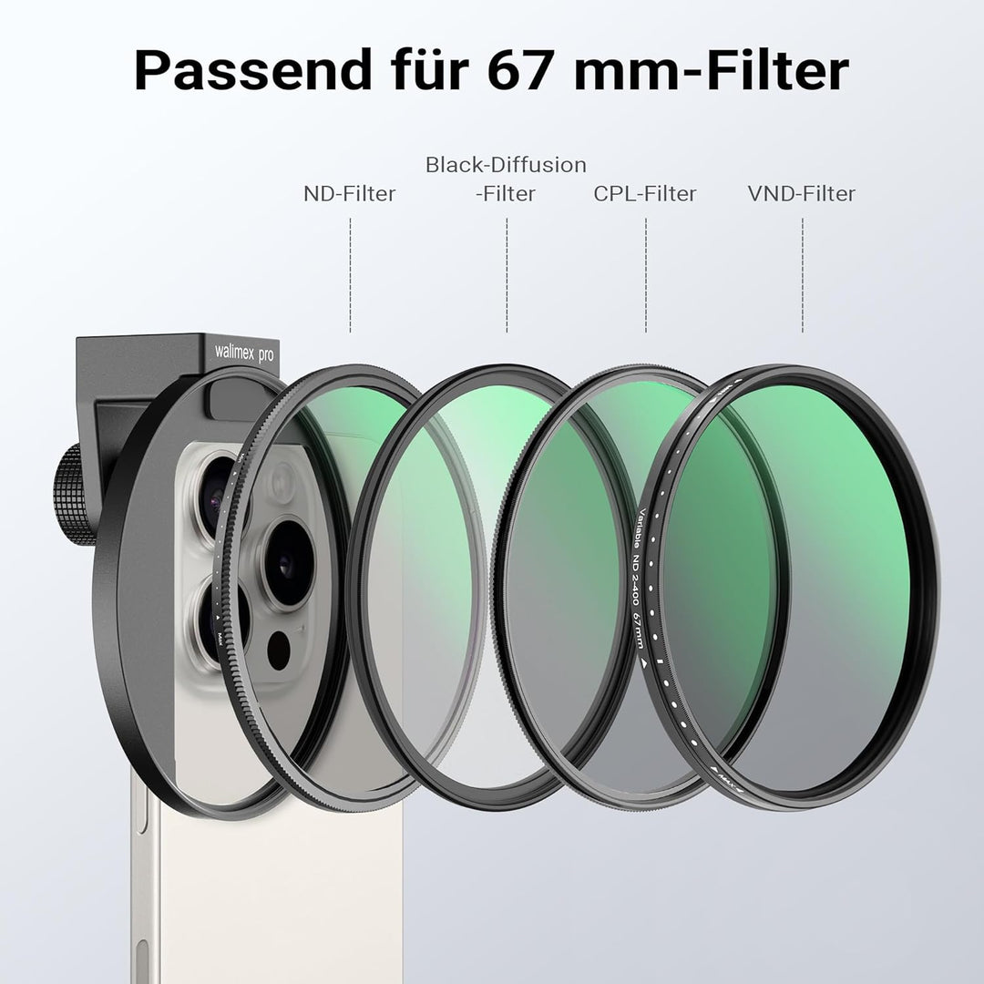 Walimex pro Filterhalter 67 mm für Handykamera, Cold Shoe Mount für LED und Mikrofon, professionelle