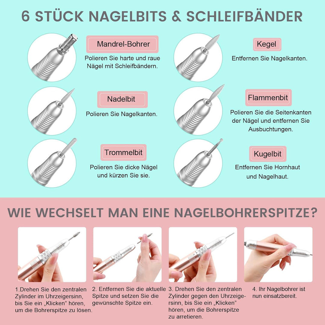 Nagelfräser, 6 in 1 Wiederaufladbare Elektrische Nagelfeile 35000 U/Min für Gelnägel, Einstellbarer