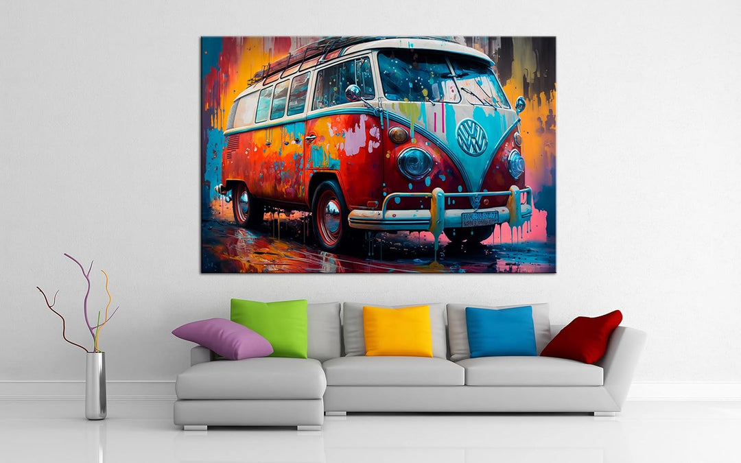PRINTONIA Leinwandbild 120x80 cm Volkswagen VW-Bus Bulli T1 Transporter Oldtimer Abstrakt Art Automo