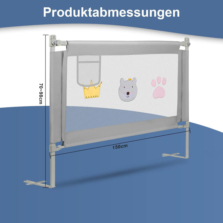 Herrselsam 150 cm Kinder bettgitter, Bettschutzgitter Höhenverstellbar, Rausfallschutz Bett für Kind