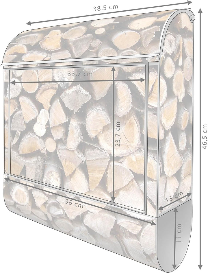 banjado® Design Briefkasten mit Motiv Holzstapel 39x47x14cm &amp; 2 Schlüssel - Briefkasten Stahl Silber