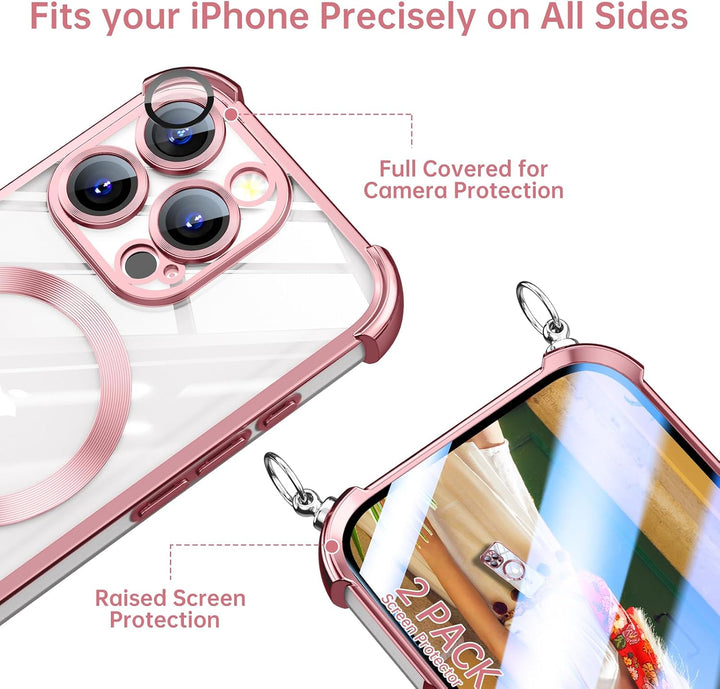 GOODVISH Handykette für iPhone 16 Pro Hülle mit Band Magnetisch, Rosé | mit 2 Stück Schutzfolie, mit