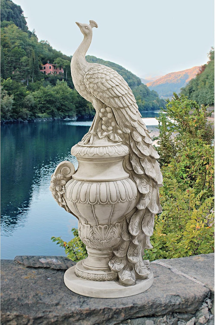 Design Toscano Gartenfigur Staverden Castle, Pfau auf einer Vase, 29x39.5x86.5 cm