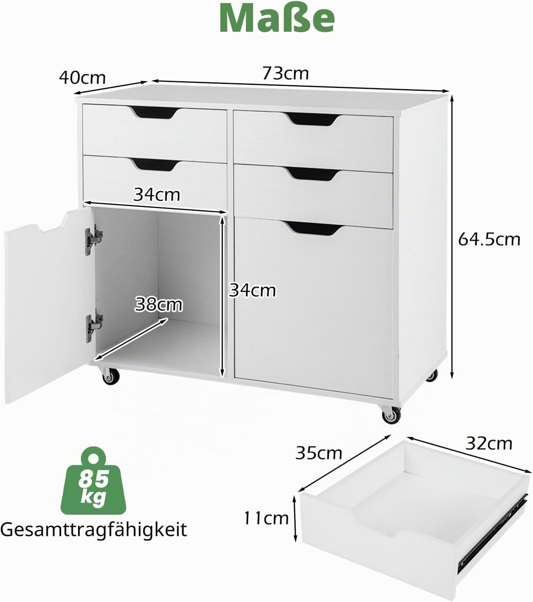 KOMFOTTEU Aktenschrank mit 5 Rollen, Rollcontainer mit 4 Schubladen & 2 Schränken mit Türen, Bürocon