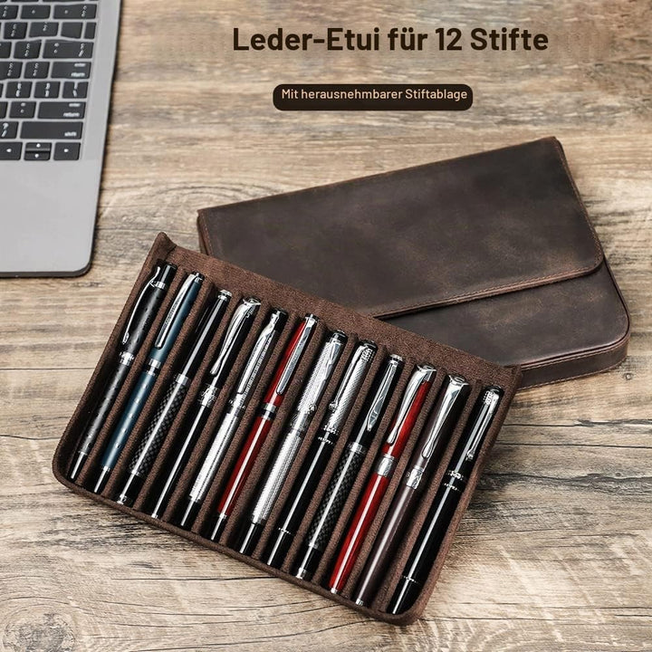 Hiram Leder-Füllfederhalter-Box für 12 Stifte, Tragbares Lederetui für Stifte mit Verstecktem Magnet