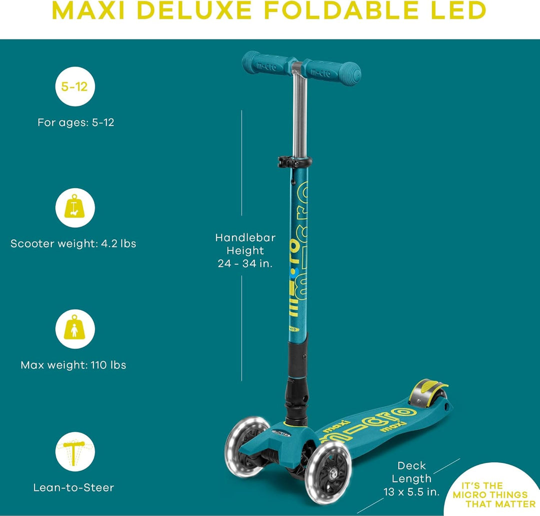 Micro Kickboard – Maxi-Deluxe, faltbarer LED-Scooter mit drei Rädern, Lean-to-Steer, zusammenklappba