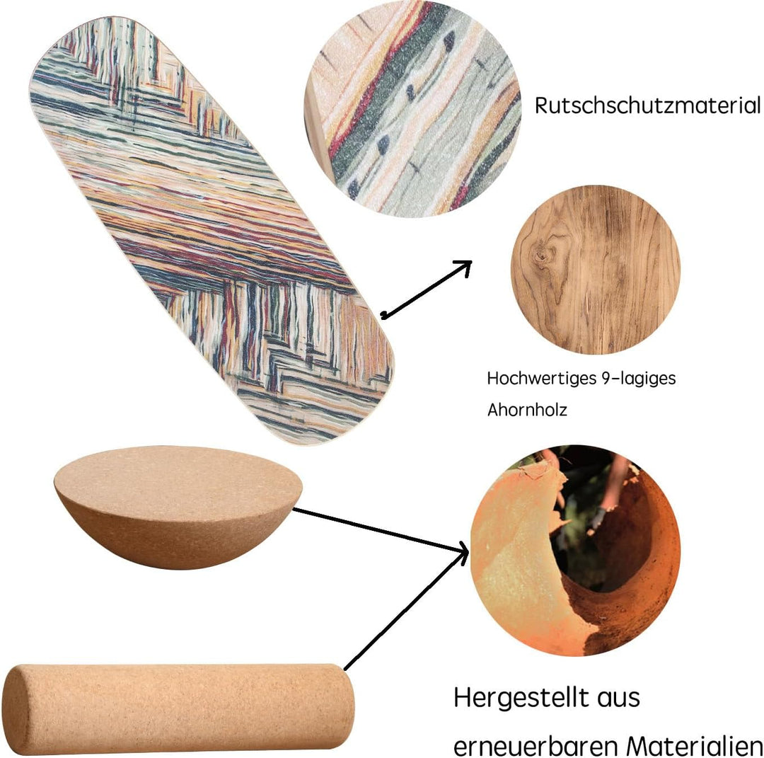 Holz Balance Board mit Rolle & Halbkugel - Balancierbrett für Gleichgewichtstraining - Erwachsene -