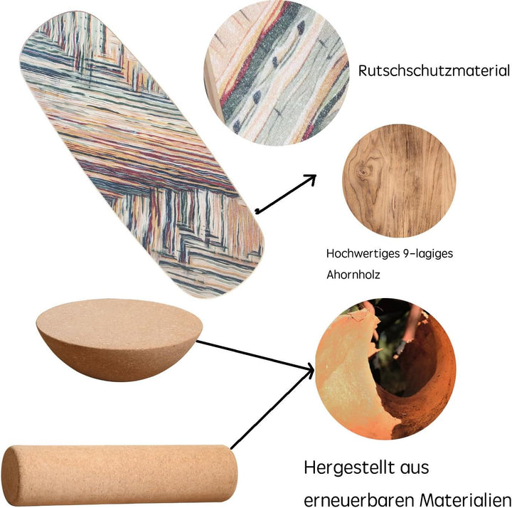 Holz Balance Board mit Rolle & Halbkugel - Balancierbrett für Gleichgewichtstraining - Erwachsene -