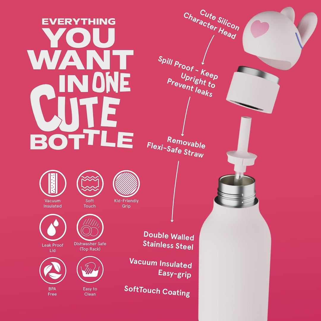 ASOBU Bestie Kindertrinkflasche mit Strohhalm – Isolierte Edelstahlflasche 420ml mit Hasenkopf – Aus