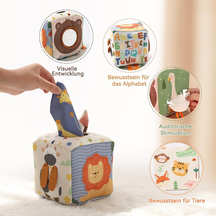 WOODEN TEETHER Tissue Box Montessori Motorikspielzeug, 6-12 Monate Sensorik Baby Spielzeug mit Spieg